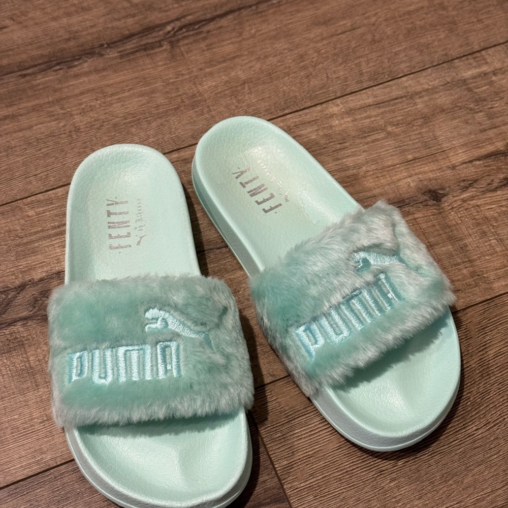Puma x Fenty collaboration Mint Green Fur Slides